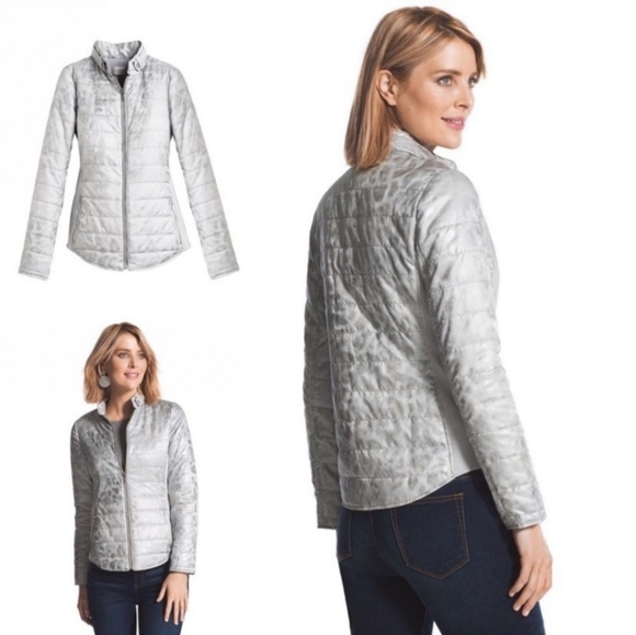 Chico's jacket coat puffer quilted leopard print grey gray silver outerwear sz 8 - Picture 2 of 13